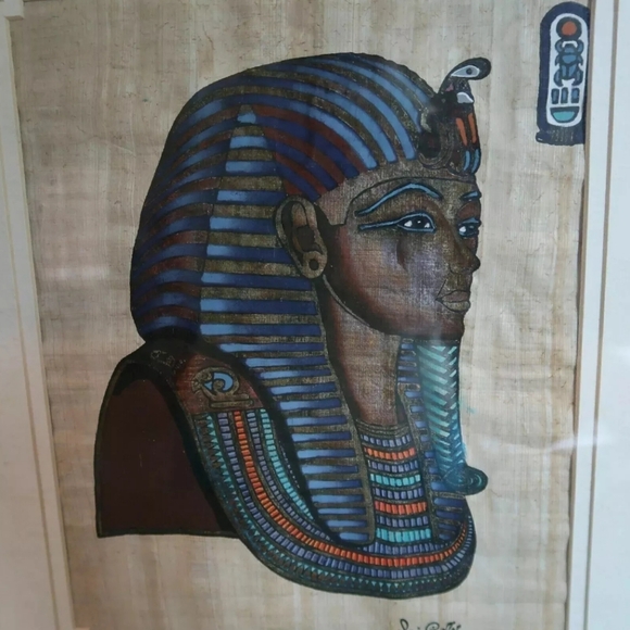 Egyptian Souvenir Pharaoh Painting Artisan Paper Papyrus Signed Framed Egypt - Picture 2 of 5